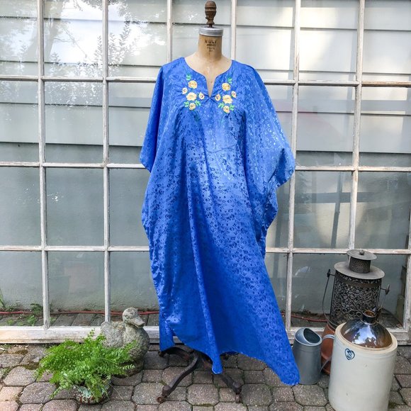 Vintage Dresses & Skirts - SOLD Vintage 80s Blue Embroidered Kaftan Mumu Maxi